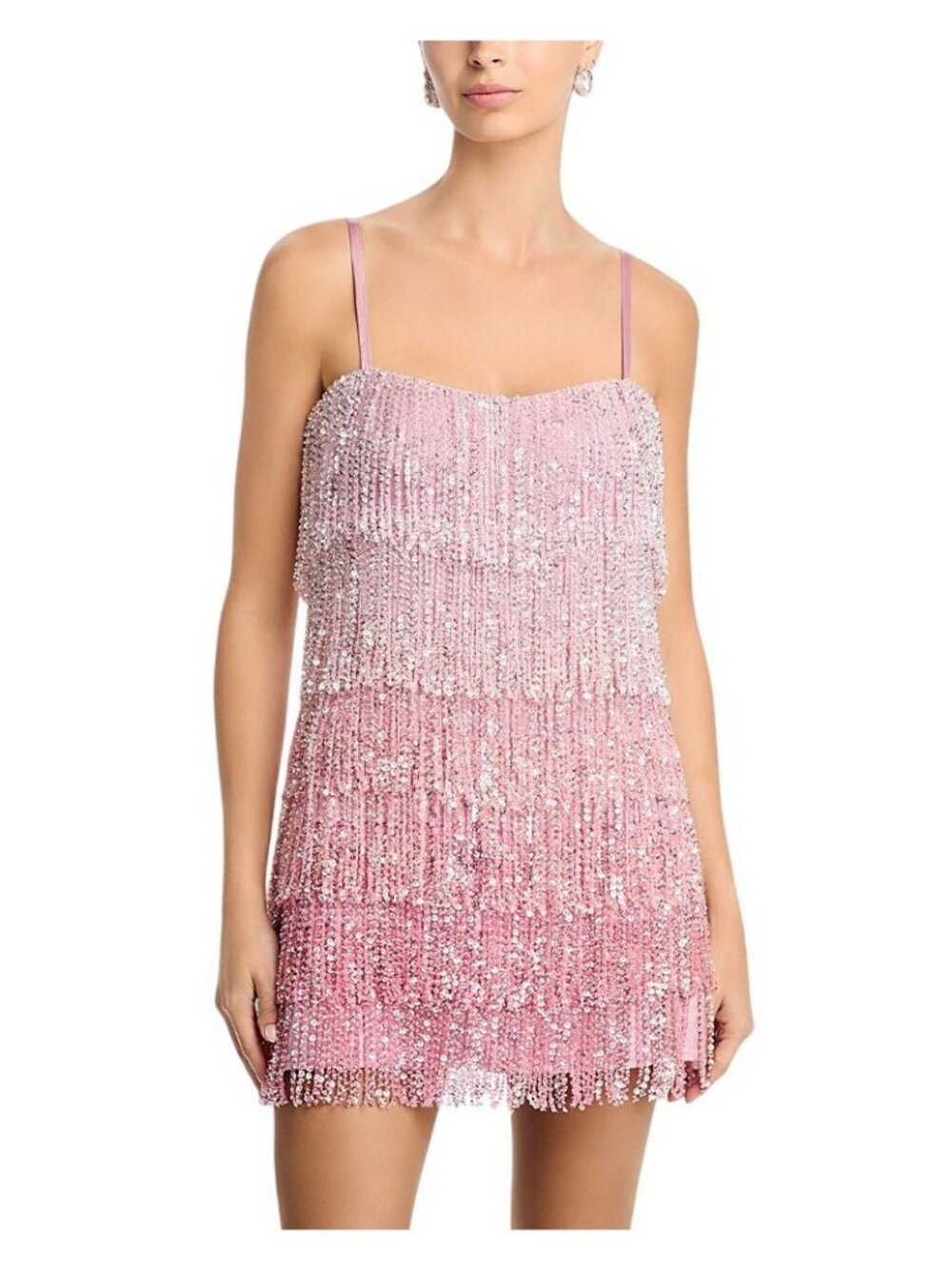 NWT Aqua X Salvatore Rizza Womens Tiered Ombre Fringe Lined Mini Dress Pink S